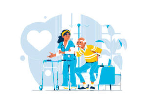 a nurse helping an old man with walking sticks