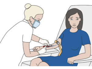 a woman in a medical mask taking a blood sample from a patient